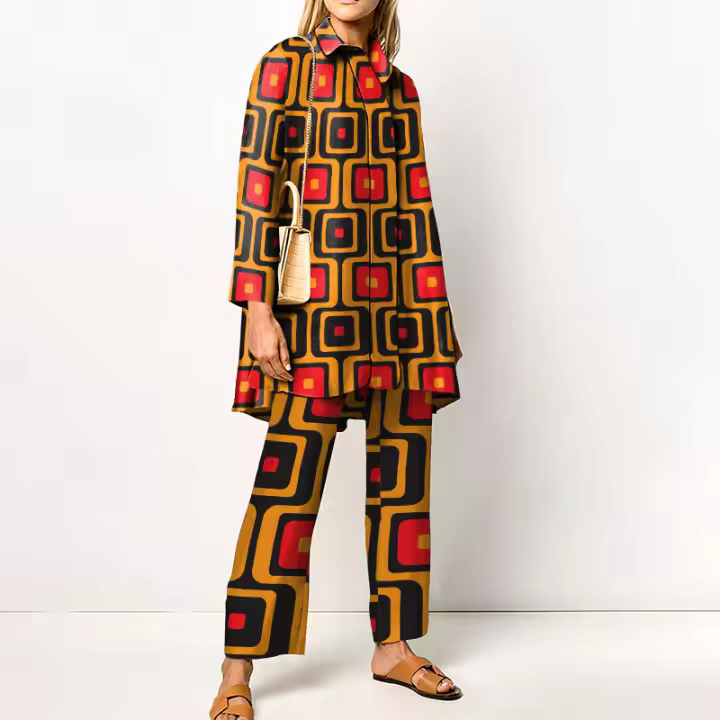Conjunto de 2 piezas con estampado de Pamas para mujer, ropa de dormir holgada, pantalones de manga larga, ropa de calle, traje elegante, Vintage, otoño - 1