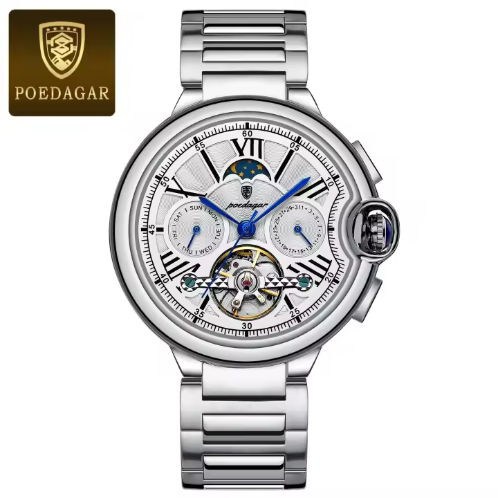 POEDAGAR Reloj de lujo para hombre, Tourbillon hueco, reloj mecánico automático para hombre, relojes impermeables con fecha y semana de acero inoxidable para hombre - 1