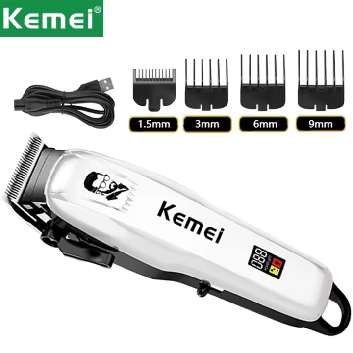 Kemei-recortadora eléctrica profesional, cortadora de pelo inalámbrica, recargable por USB, con pantalla LCD, para barbero - 1