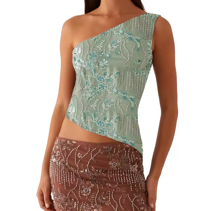 Mujeres Y2k Lentejuelas Sparkle Crop Tops Glitter Con Cuentas Rhinestone Slim Fit Tank Tops Sexy Un Hombro Asimétrico Chaleco Sin Espalda - 1