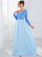 Elegante Vestido de Terciopelo con Lentejuelas Cuello en V, Manga Larga, Red de Cetín, Azul Cielo y Rosa, Perfecto para Fiestas - details 7