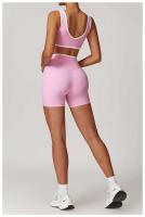Scrunch - Conjunto de yoga corto para mujer, sujetador relleno en contraste rosa, pantalones cortos cruzados, pantalones deportivos de cintura alta, Fiess Gym Tre, ropa deportiva - details 8