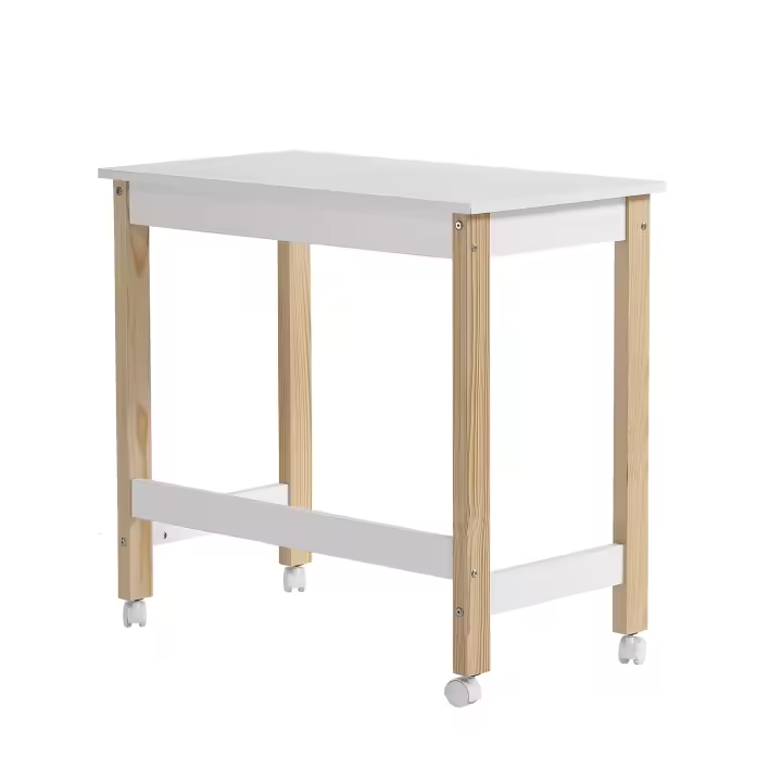 Mesa, escritorio, mesa de trabajo, con ruedas direccionales, pino+MDF, blanco+natural - 1