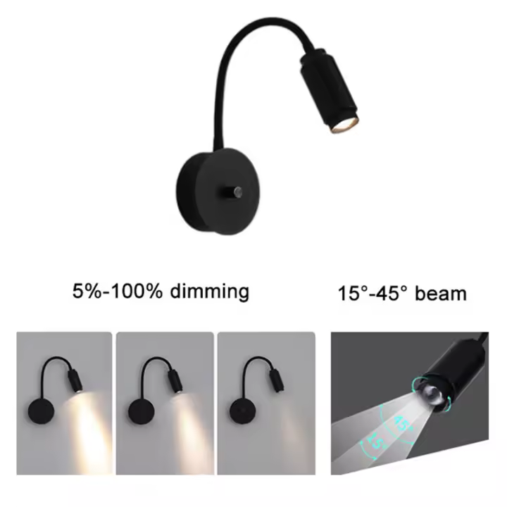 Luces LED de pared regulables, interruptor de perilla negra con ajuste de ángulo de haz de 15 °, 30 °, 45 °, 3W, 5W, 7W, 10W, lámpara LED de cuello de cisne para mesita de noche - 1