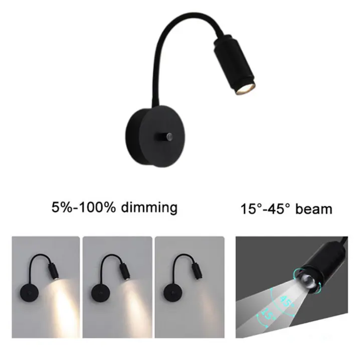 Luces LED de pared regulables, interruptor de perilla negra con ajuste de ángulo de haz de 15 °, 30 °, 45 °, 3W, 5W, 7W, 10W, lámpara LED de cuello de cisne para mesita de noche - 1
