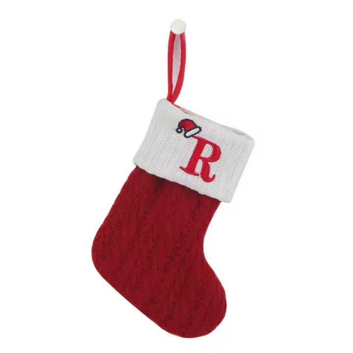 Medias de punto navideñas con letras rojas, calcetines de lana tejida, alfabeto bordado, colgante de árbol de Navidad - 1