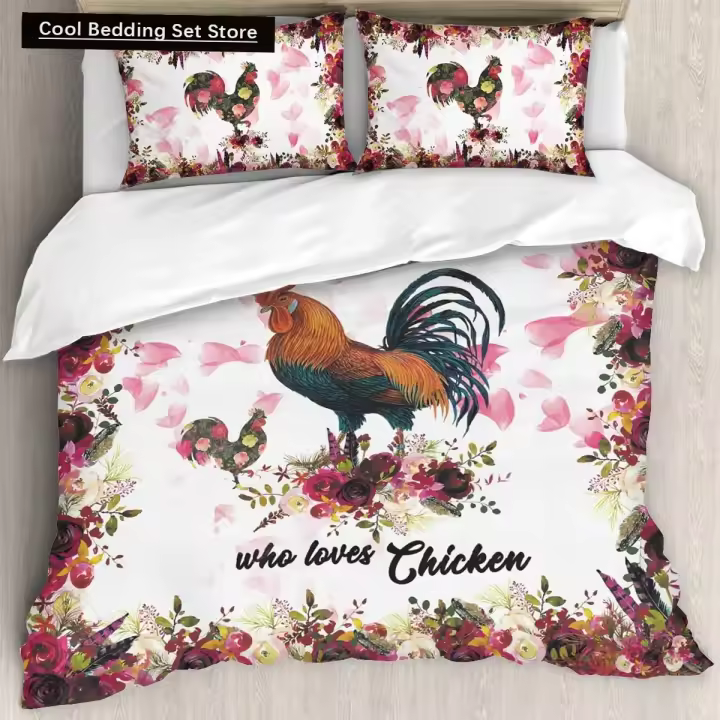 Juego de Ropa de Cama de Pollo para Granja Cubierta de Edredón de Gallo de Hena con Diseño Floral - 1