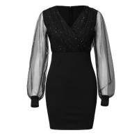 Vestido de lentejuelas con cuello en V de malla para mujer, Color sólido, ajustado, cintura alta, un paso - details 11