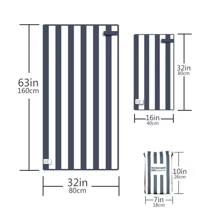 Toalla de playa a rayas de microfibra de secado rápido (2 uds) con bolsa portátil, toallas absorbentes finas y ligeras, perfectas para deportes y viajes - 1