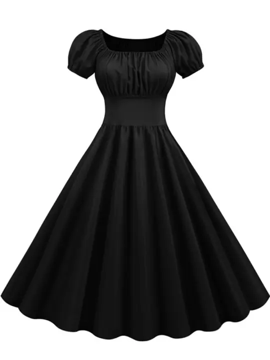 Vestido midi elegante liso de fiesta vintage informal con mangas abullonadas de verano para mujer - 1