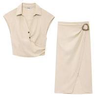 - Conjunto de falda con top con hebilla sin mangas, solapa plisada, mezcla de lino, temperamento, novedad de verano de estilo coreano - details 2