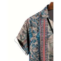 Camisa retro con estampado de ángulos para hombre, manga corta con botones, tejido transpirable, ligero. Perfecto para el verano, vacaciones al aire libre. - details 4