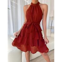 Primavera Verano nueva ropa de mujer europea y americana sin mangas empalmado con cuello de borde con volantes vestido de fiesta regalo - details 1