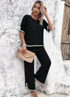 Conjuntos de punto de verano para mujer, trajes de 2 piezas, Tops de manga corta con pantalones, Negro S - details 3