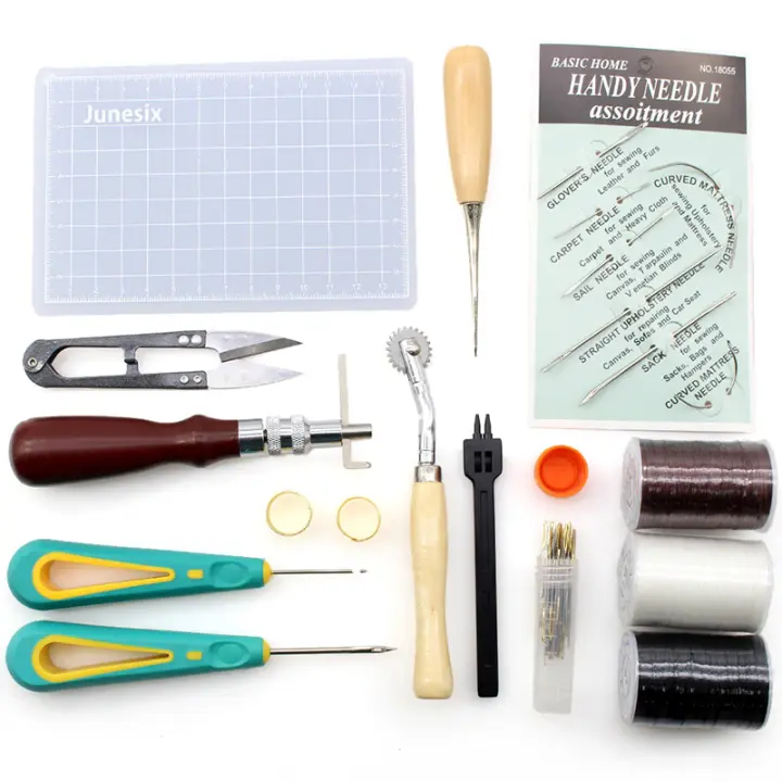 Juego de Herramientas de costura de cuero profesional, contiene tapete de corte, punzón de aguja, acanalado de hilo de cera, perforador de agujero redondo, Kit de artesanía de cuero DIY - 1