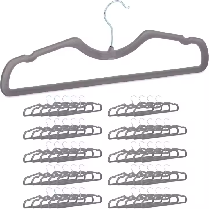 Perchas de Terciopelo Antideslizantes Paquete de 50, Diseño Compacto para Ahorrar Espacio, Barra y Muescas, Hierro Gris - 1