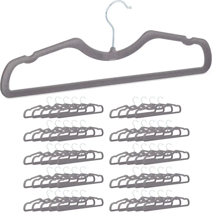 Perchas de Terciopelo Antideslizantes Paquete de 50, Diseño Compacto para Ahorrar Espacio, Barra y Muescas, Hierro Gris - 1