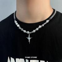Collar cruzado de perlas de imitación de Hip Hop para hombres y mujeres, cadena de acero de titanio de tendencia, colgante Kpop, joyería, accesorios Unisex - details 4