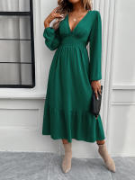 Vestido largo elegante de color sólido con cuello en V para otoño e invierno - details 25