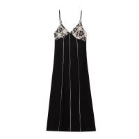 Vestido Casual Delgado y Versátil de Manga Corta con Cuello en V y 3 Pliegues, Color Negro - details 1