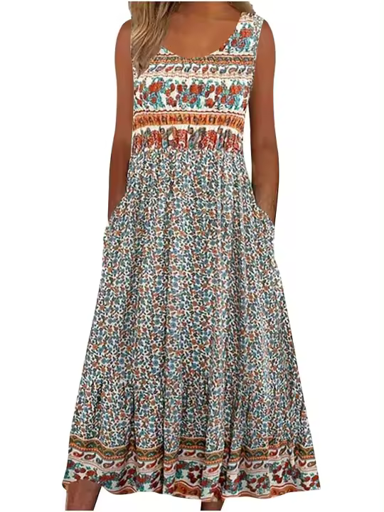 NOVEDAD DE VERANO 2025, vestido veraniego MIDI informal bohemio sin mangas para mujer con bolsillos y suelto - 1