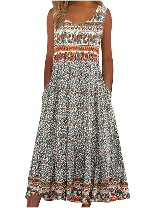 NOVEDAD DE VERANO 2025, vestido veraniego MIDI informal bohemio sin mangas para mujer con bolsillos y suelto - 1