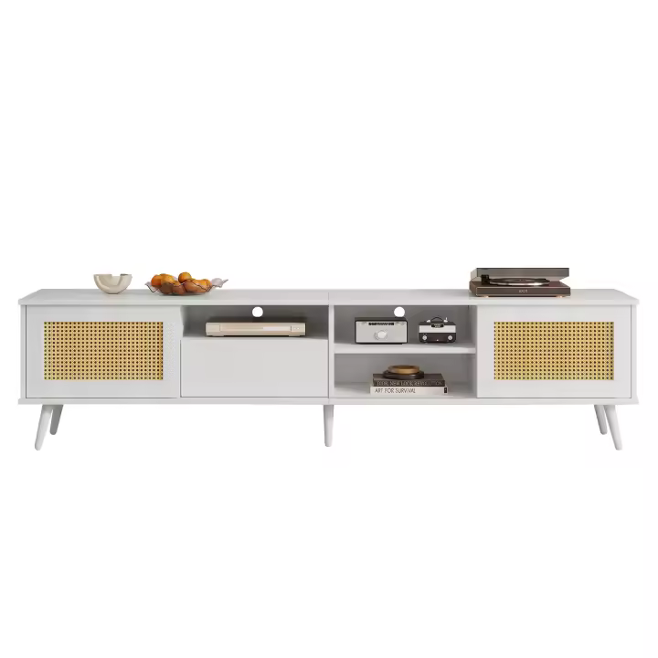 Mueble TV de ratán blanco, dimensiones 200x40x49 cm, apto para TV de 90 pulgadas, con 2 puertas de ratán, 1 cajón y 3 compartimentos abiertos - Construcción robusta, capacidad de carga 50 kg, mueble TV - 1
