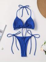 Conjunto De Bikini De Dos Piezas De Moda De Color Sólido, Con Cuello Halter, Triángulo Sin Espalda Y Lazos Laterales - details 4