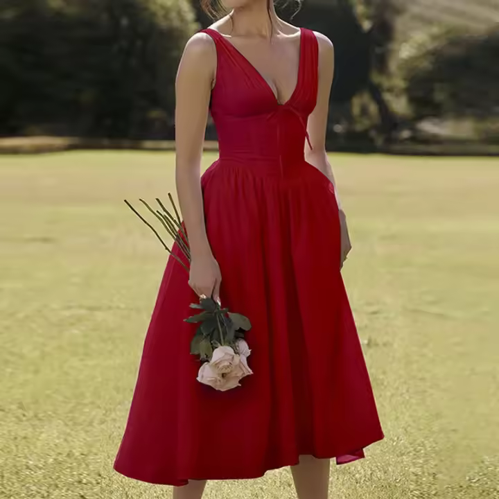 2025 novedad de verano para mujer estilo temperamento viajero Color sólido cuello en V falda con tirantes vestido de longitud media - 1