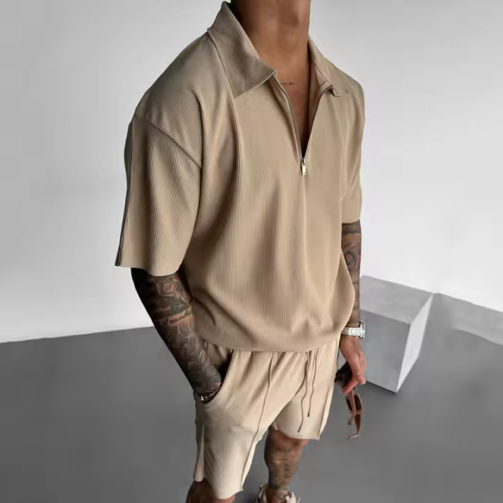 2025 verano de los hombres de Europa y Estados Unidos nuevo polo con cremallera casual de manga corta pantalones cortos de cordón traje de los hombres - 1