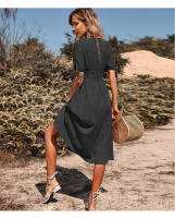 Vestido de verano de longitud media para mujer, vestido de color liso con cuello en V y manga corta - details 11