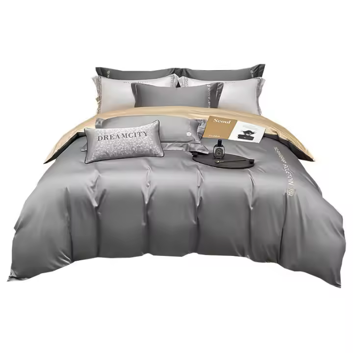 Ropa de cama ligera de seda de hielo, funda nórdica lavada, sábana ajustable Tencel, juego de tres piezas, bordado de alta gama - 1