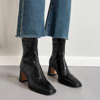Piel de oveja completa rayada a mano nueva cabeza cuadrada tacones altos franceses delgados - details 6