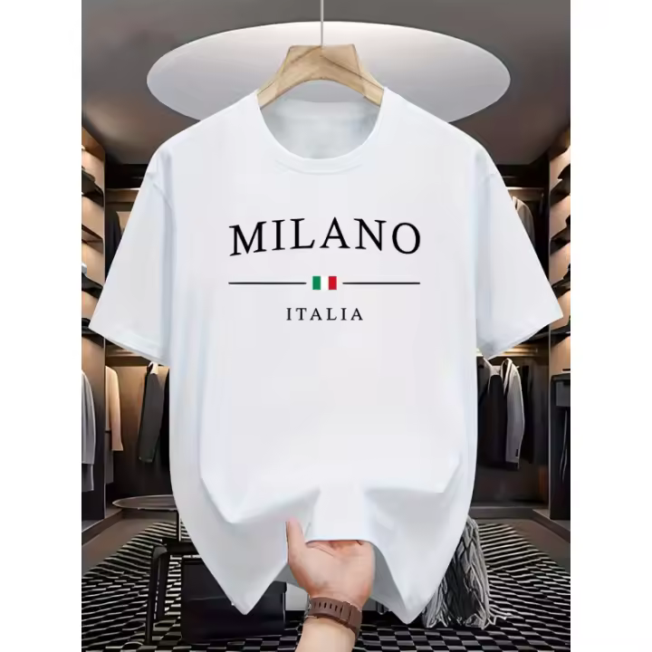 MILANO ITALIA Camiseta cómoda informal con cuello redondo y mangas cortas para hombre, camiseta versátil de moda para viajes diarios y viajes de verano - 1