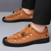 Sandalias para hombre, novedad de verano 2025, zapatos casuales de cuero hueco para hombre, zapatos antideslizantes con agujeros para conducir, sandalias de cuero de fondo suave para hombre - details 4