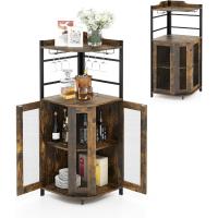 Armario de Esquina con Soporte de Copas, Mueble Bar con Puertas de Malla Metálica, Aparador de Vino con Estante Ajustable, Botellero Esquinero para Cocina, Comedor, 48 x 48 x 130 cm (Marrón) - details 0
