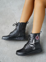 Botas altas con estampado bordado para mujer, botines Martin de punta redonda de talla grande, botas cortas planas con cordones, Otoño e Invierno - details 8
