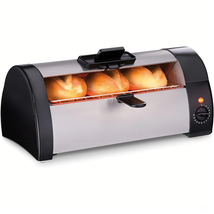 Tostador de panes, Panecillos, baguettes, tartas o masas de levadura crujientes en cuestión de segundos, para tostadas y baguettes "au gratin", 570 vatios, caja de acero inoxidable mate