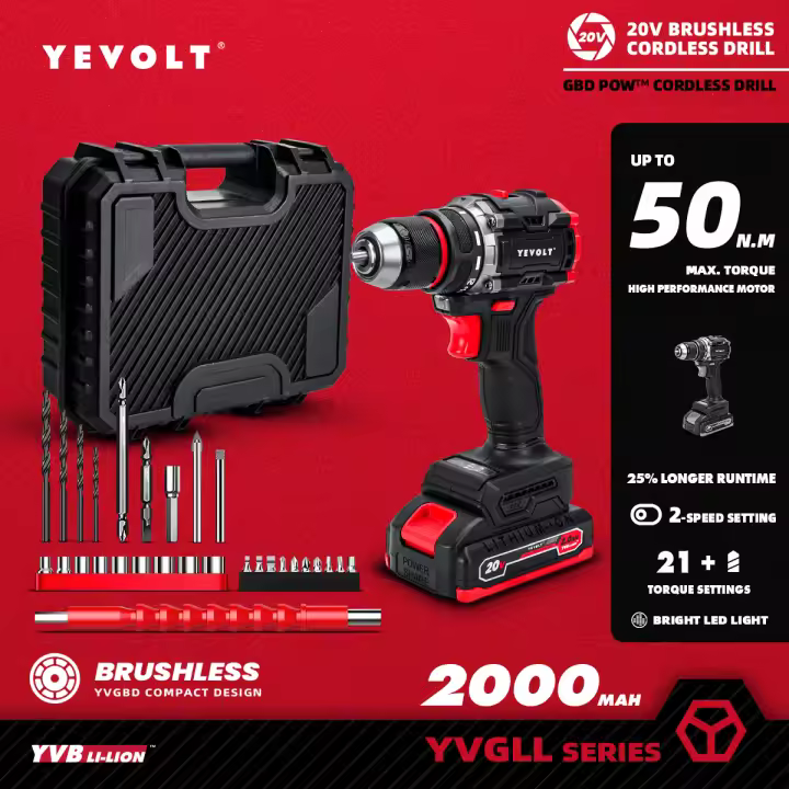 YEVOLT-taladro eléctrico de 20V, destornillador de mano compacto de iones de litio sin escobillas, 21 + 1 controlador, herramientas eléctricas, serie YVGBD20DU2 - 1