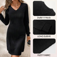 Mia Muse Vestidos de mujer Otoño Invierno coreano Color sólido manga larga con cuello en V Casual fiesta vacaciones Shift Mini vestidos para salir - details 2
