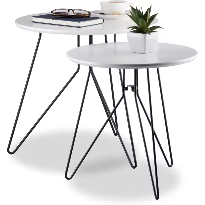 Relaxdays Mesa Auxiliar Redonda, Set 2 Unidades, Mesitas Centro Modernas, DM-Metal, 48 y 40 cm Ø, Gris Mate - 1
