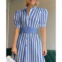 Nuevo vestido largo de manga corta con vuelo amplio y cinturón, estilo europeo y americano, para ir al trabajo. - details 1