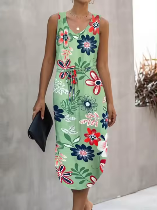Vestido estampado de cintura irregular con cuello en V de verano 2025 para mujer - 1