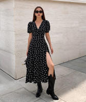 Vestido largo de estilo francés con estampado floral, pequeño, negro, otoño, nuevo, manga corta, cintura con abertura, corte en A - details 8