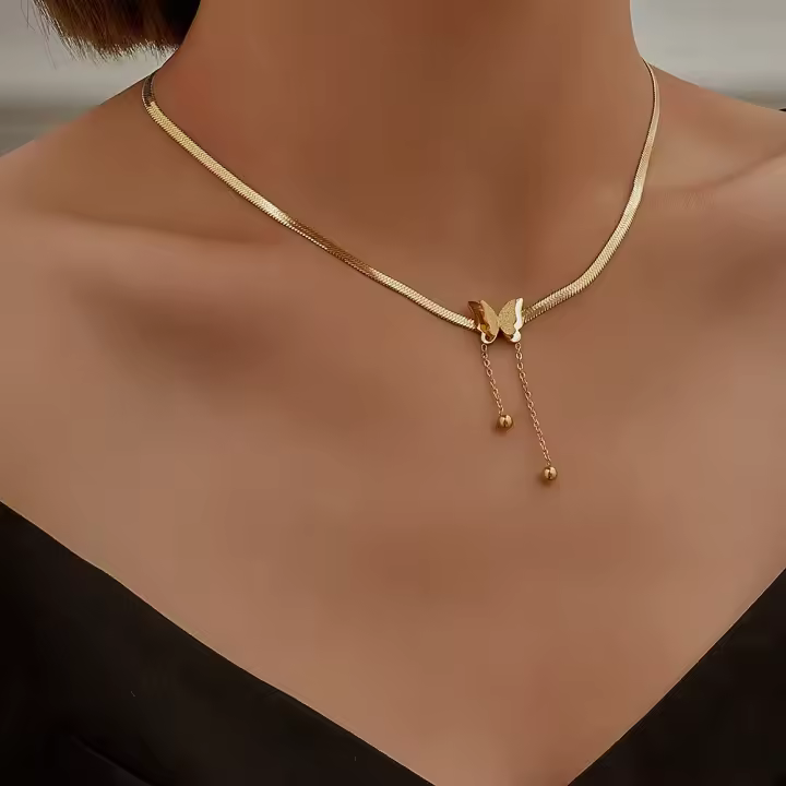 Collar vintage de mariposa para mujer Multicapa dorada, hoja de acero inoxidable 316L, cadena de serpiente, joyería de regalo - 1