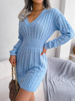 Knitted Sweater Dress For Women  Autumn Winter Long Sleeve Slim Waist Knitwear Clothes White Blue Khaki - details 14