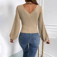 Tops mujer con cuello en V, camiseta manga abombada punto nuevo color caqui para mujer, ropa de moda japonesa. - details 5