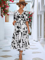 Vestido acampanado bohemio estampado para mujer, ropa informal de manga corta con burbujas, Vintage, elegante, verano, 2024 - details 13