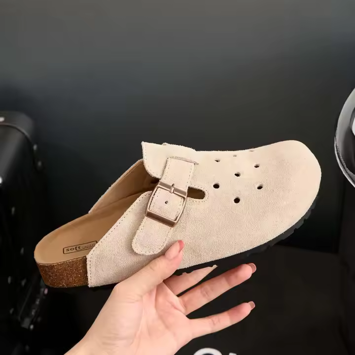 Bloque de madera para mujer, piel de vacuno, mula, cama de suela suave y gruesa, sandalias de exterior, zapatillas de mujer - 1