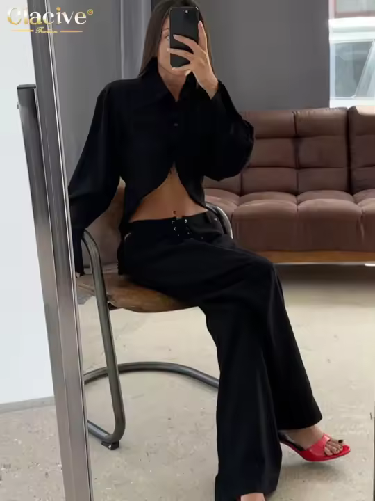 Conjunto de Moda de Lino Blanco Elegante Camisa de Manga Larga y Pantalones Anchos con Cintura Media Estilo Streetwear para Mujeres 2024 - 1